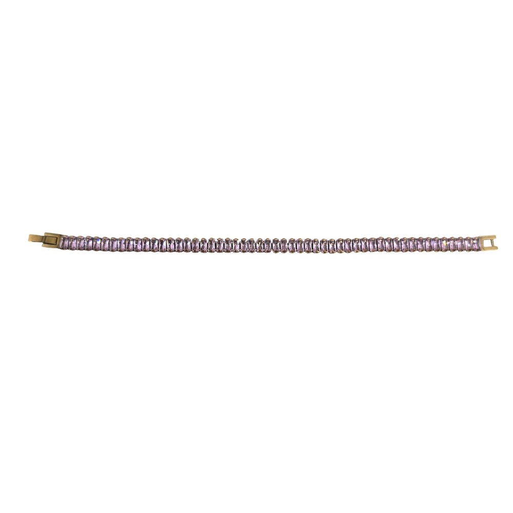 Tennis Bracelet Women 6.75 Baguette Pink Crystal Gold Tone Elegant EUC